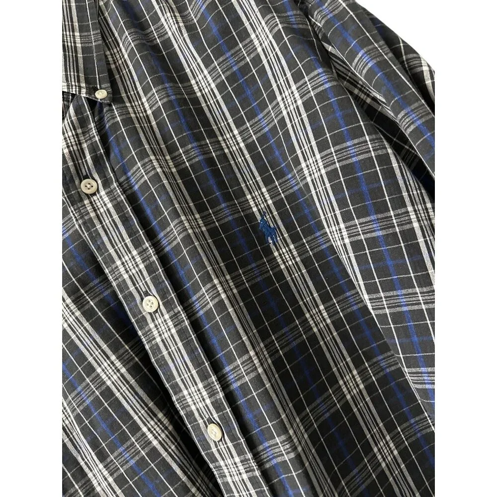 Ralph Lauren Plaid Button-Down Shirt Blaire Black Blue Cotton Long Sleeve Large
